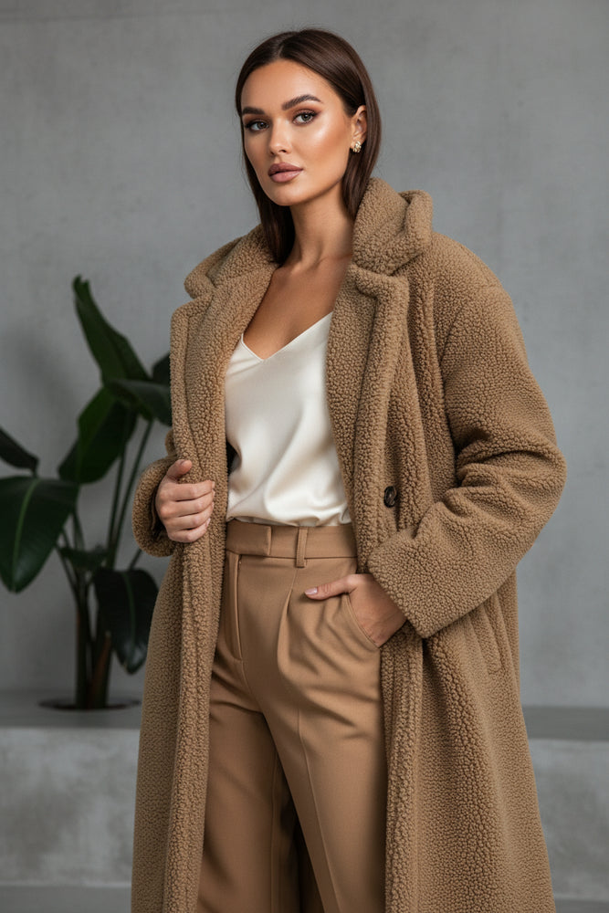 Warmer Damen Teddymantel mit Kapuze | Winter