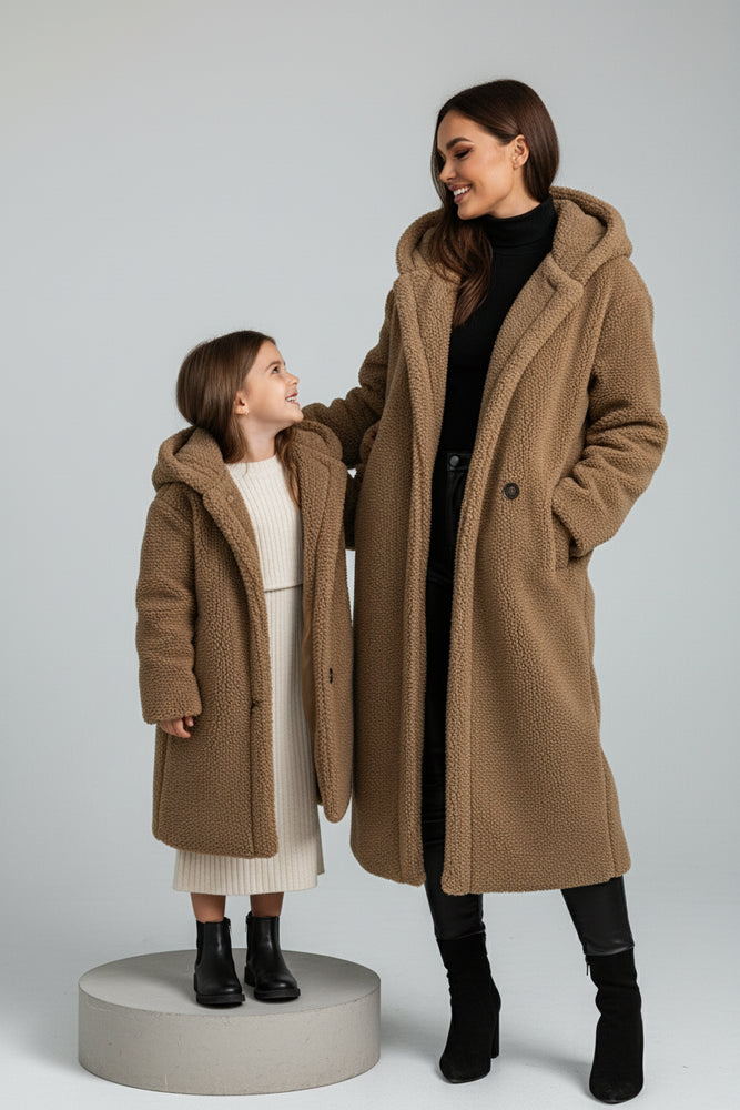 Warmer Damen Teddymantel mit Kapuze | Winter