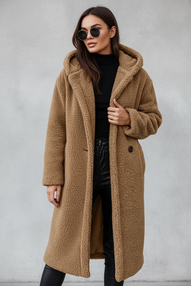 Warmer Damen Teddymantel mit Kapuze | Winter