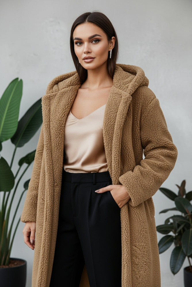 Warmer Damen Teddymantel mit Kapuze | Winter