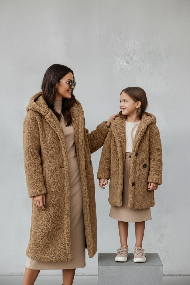 Warmer Damen Teddymantel mit Kapuze | Winter