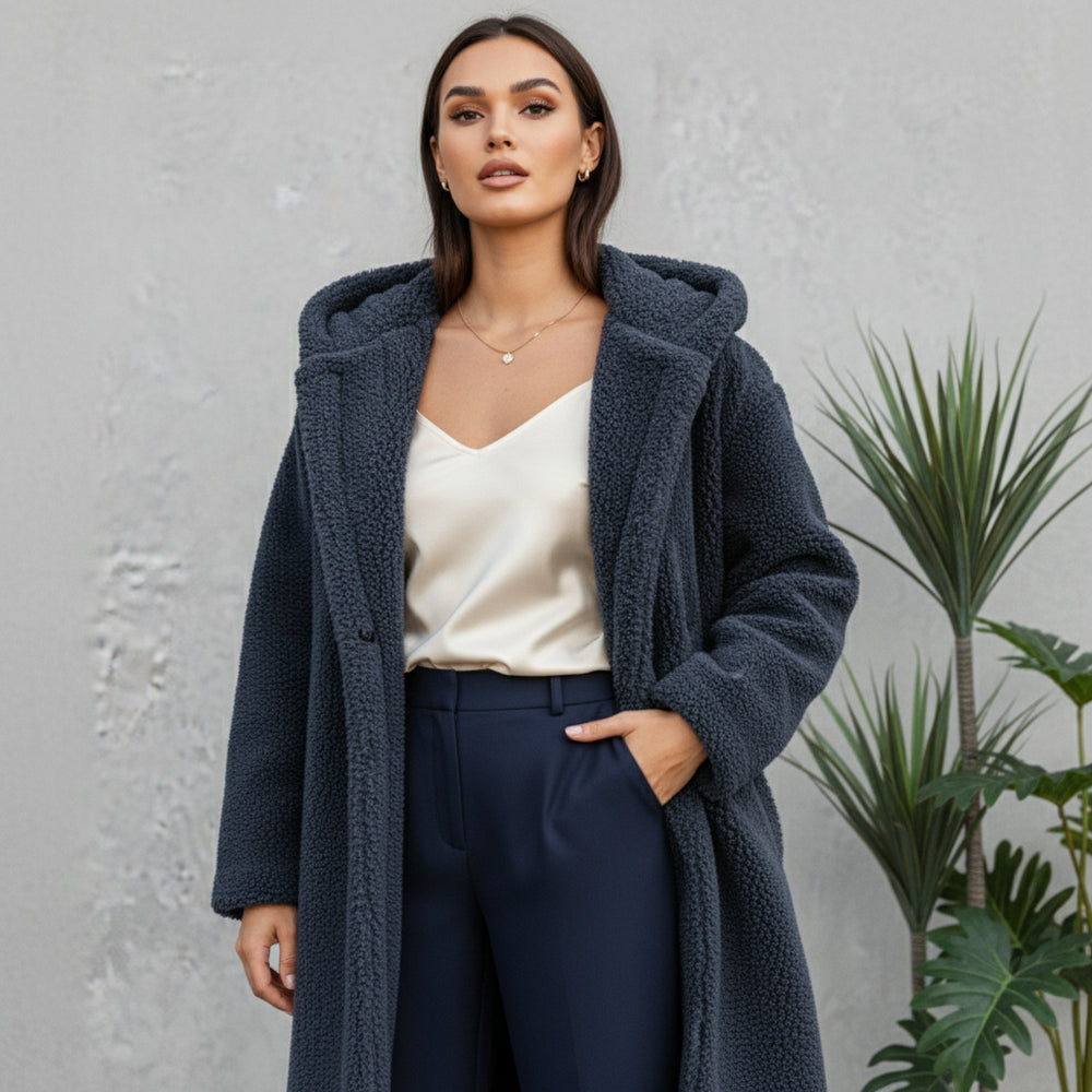 Warmer Damen Teddymantel mit Kapuze | Winter