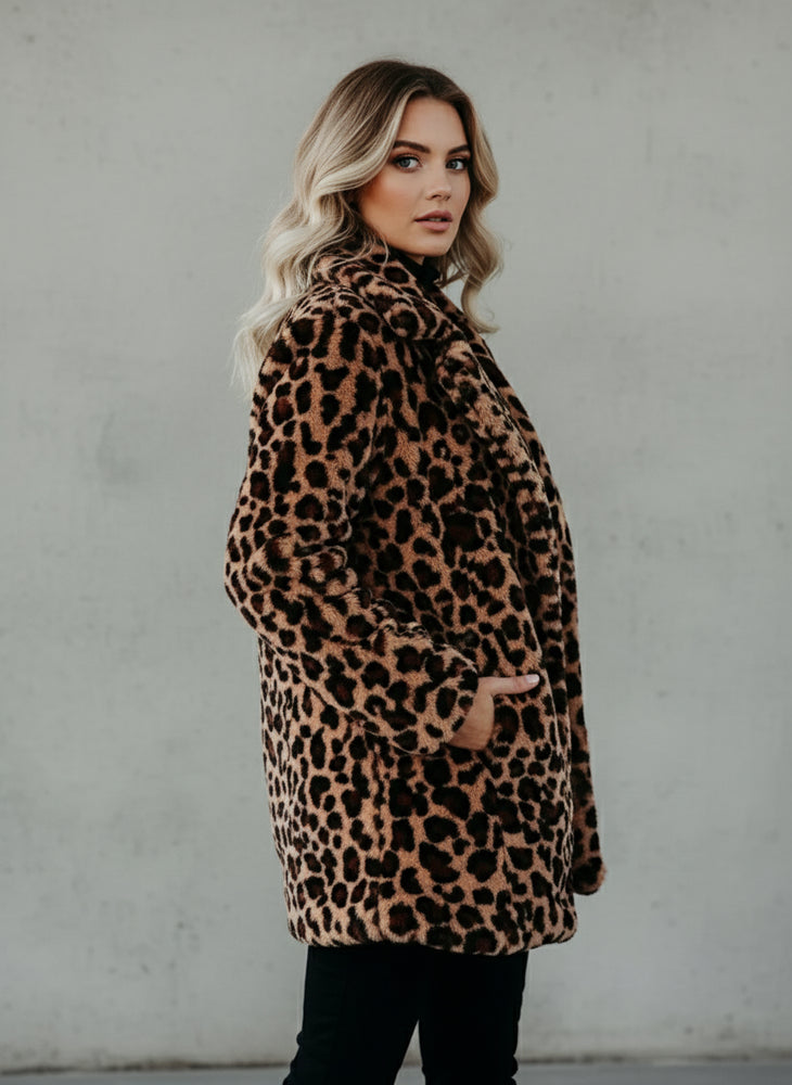 Damen Teddy Leopard Mantel Lang | Winter
