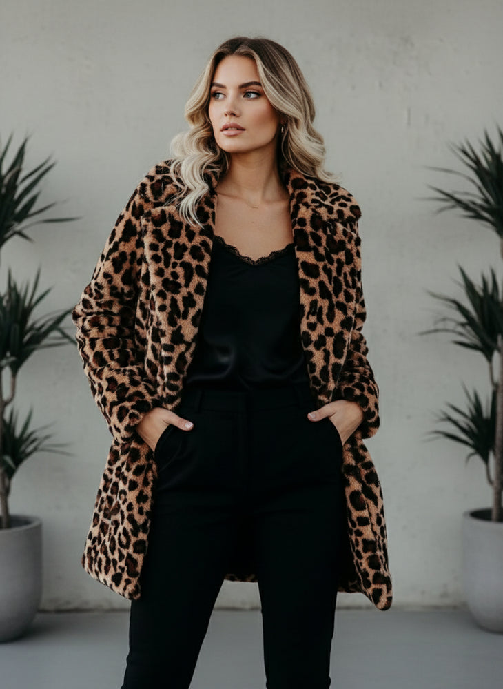 Damen Teddy Leopard Mantel Lang | Winter