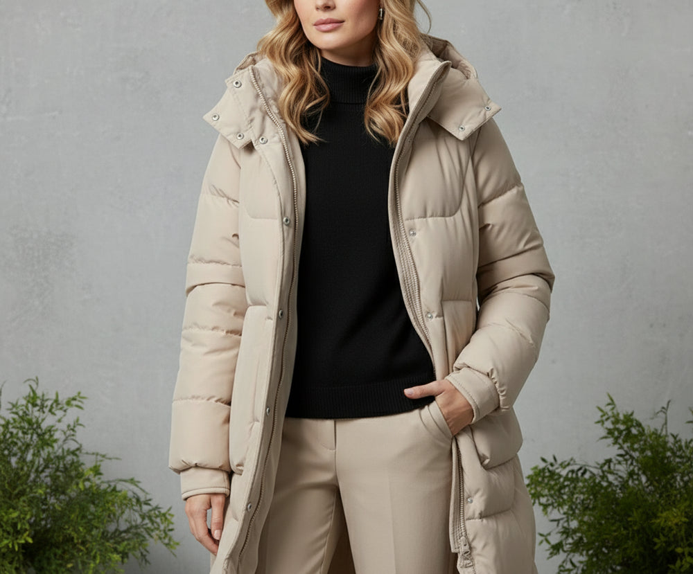 Damen Daunenjacke Slim Fit | Lang | Kapuze | Winter