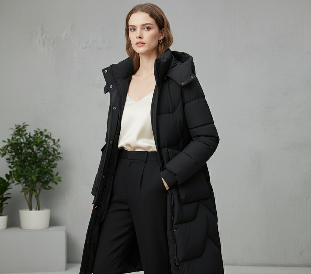 Damen Daunenjacke Slim Fit | Lang | Kapuze | Winter