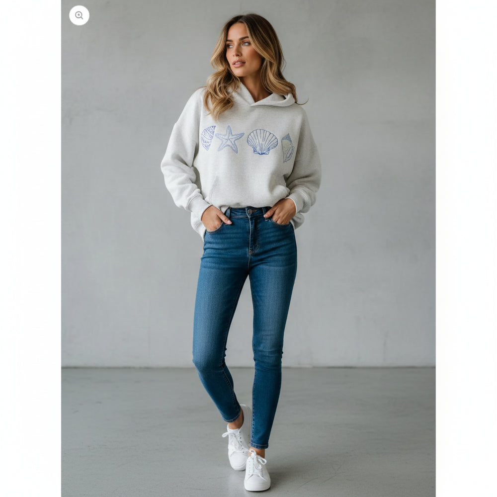 Lockerer Damen Kapuzenpullover | Muschel-Stickerei | Herbst