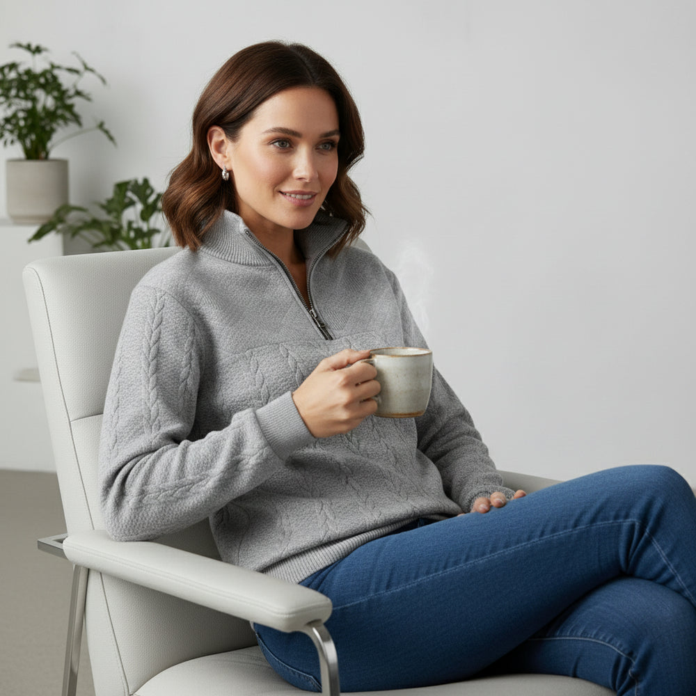 Lässiger Damen Strickpullover | Stehkragen | Zipper | Winter