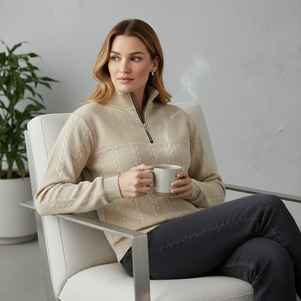 Lässiger Damen Strickpullover | Stehkragen | Zipper | Winter