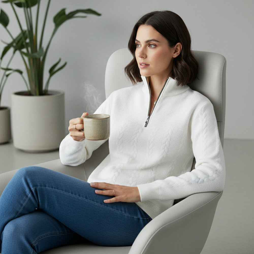 Lässiger Damen Strickpullover | Stehkragen | Zipper | Winter