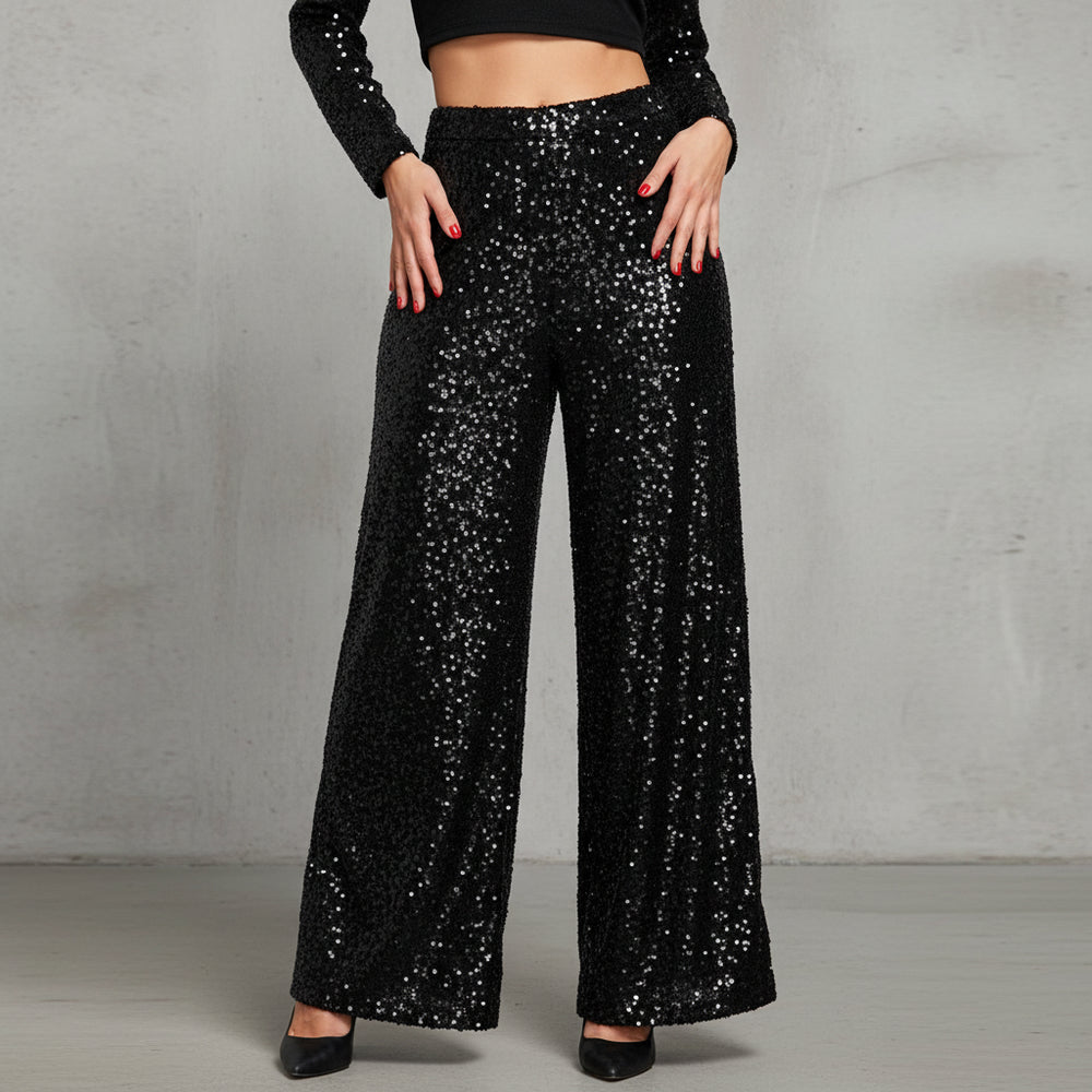 Elegante Damen Paillettenhose | Weites Bein | High Waist