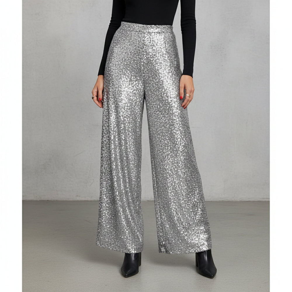 Elegante Damen Paillettenhose | Weites Bein | High Waist