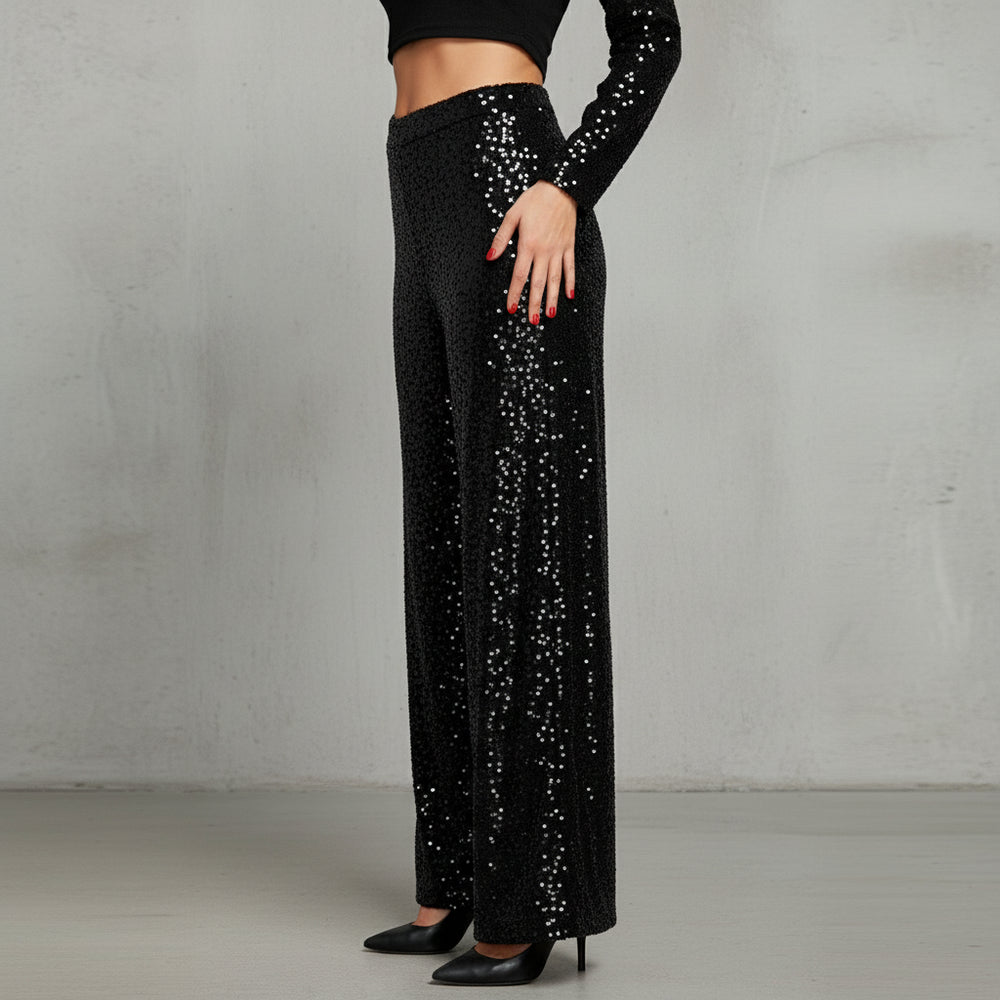Elegante Damen Paillettenhose | Weites Bein | High Waist