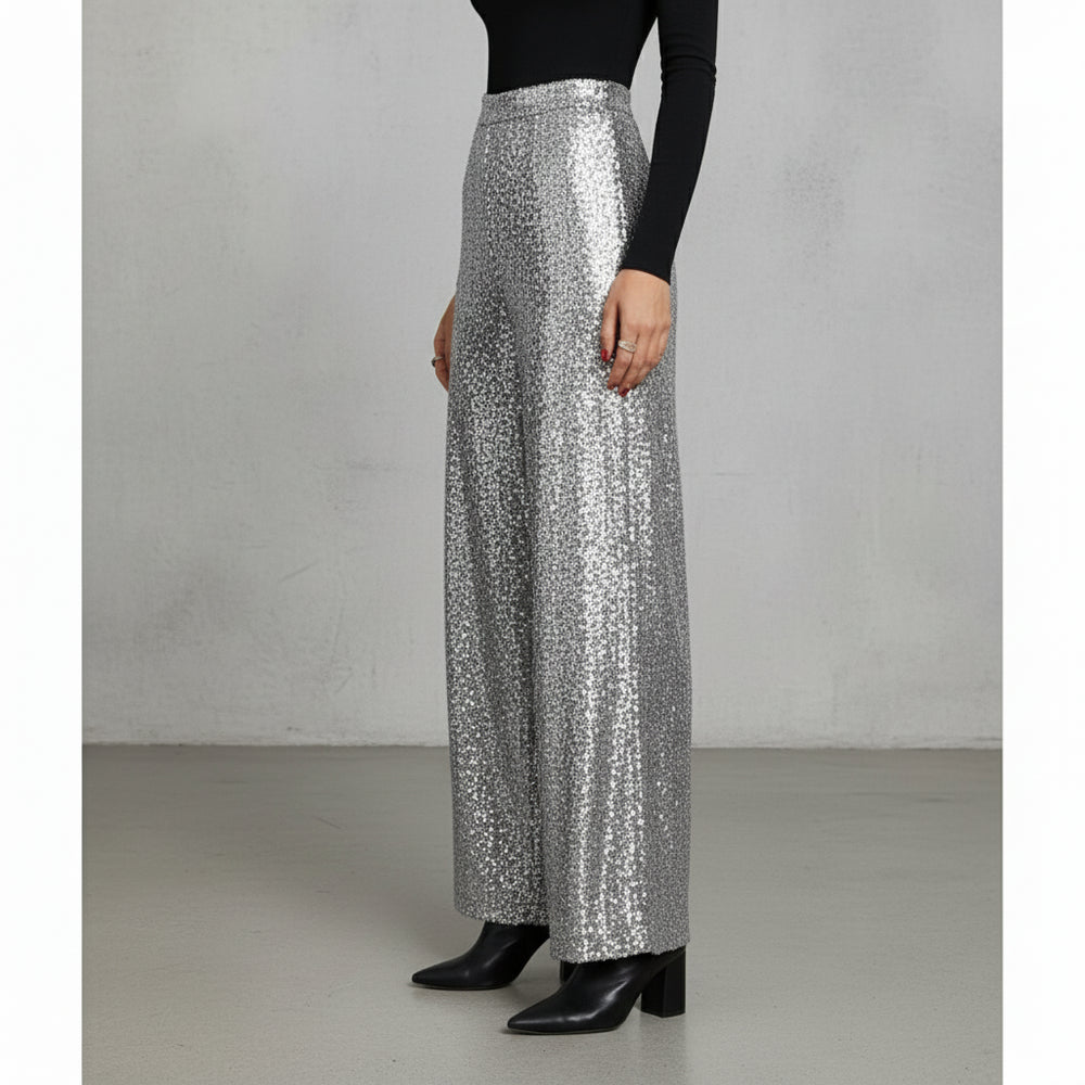 Elegante Damen Paillettenhose | Weites Bein | High Waist