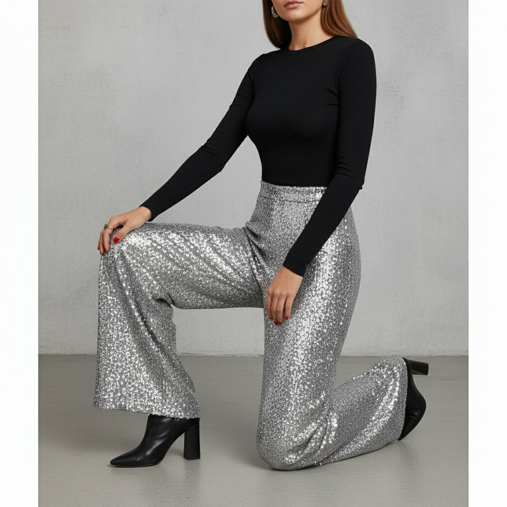 Elegante Damen Paillettenhose | Weites Bein | High Waist