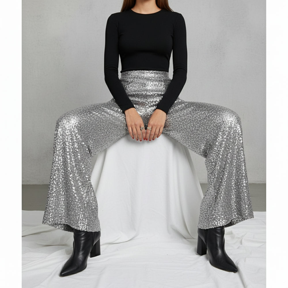 Elegante Damen Paillettenhose | Weites Bein | High Waist