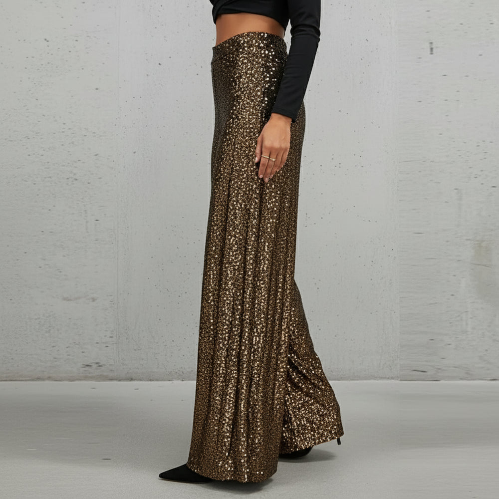 Elegante Damen Paillettenhose | Weites Bein | High Waist