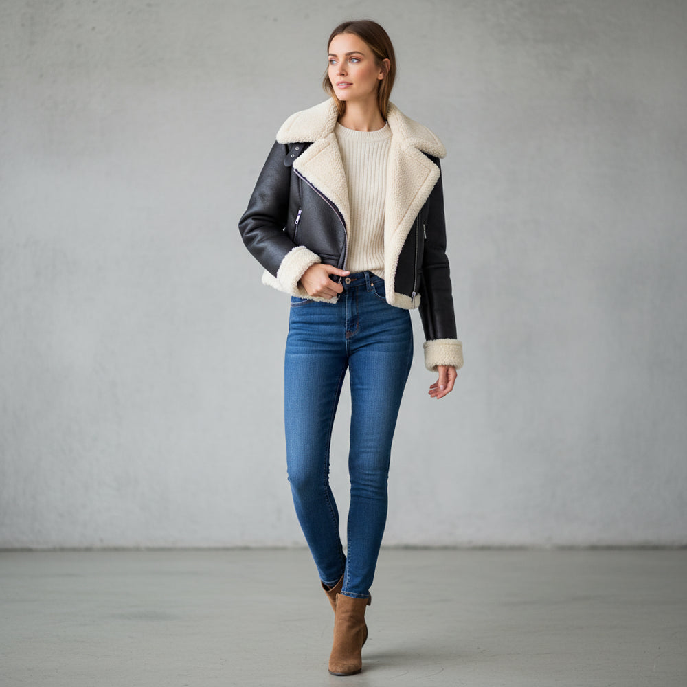 Warme Damen Kurzjacke Lammfell-Optik | Herbst