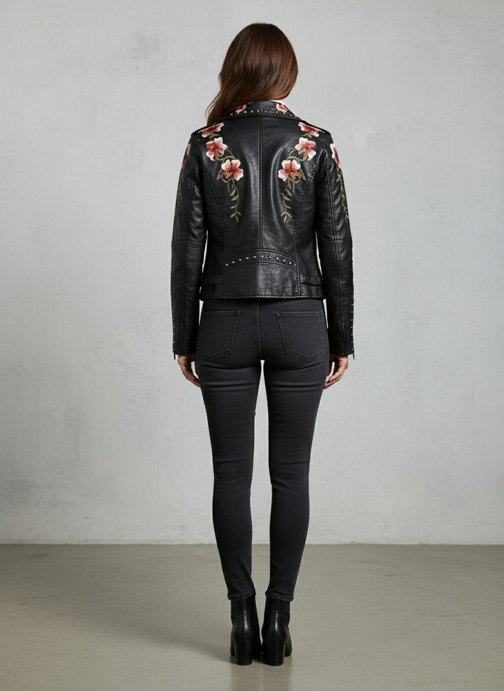 Damen Kunstleder Bikerjacke | Blumenstickerei | Herbst
