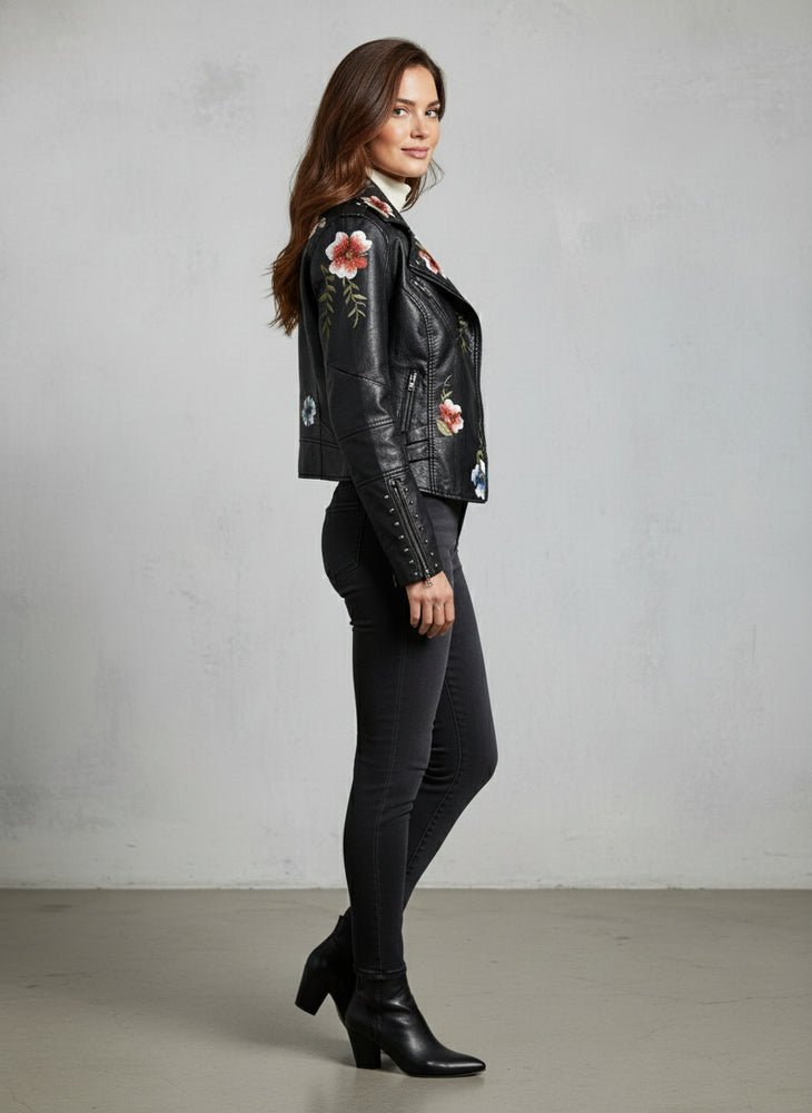Damen Kunstleder Bikerjacke | Blumenstickerei | Herbst