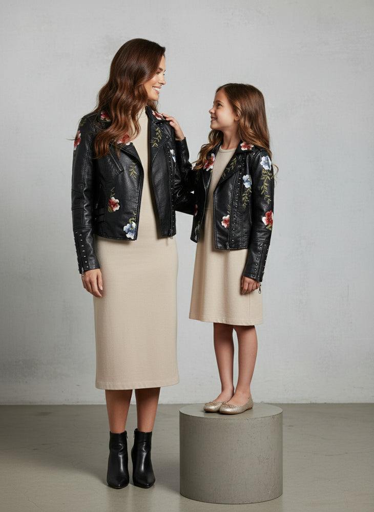 Damen Kunstleder Bikerjacke | Blumenstickerei | Herbst