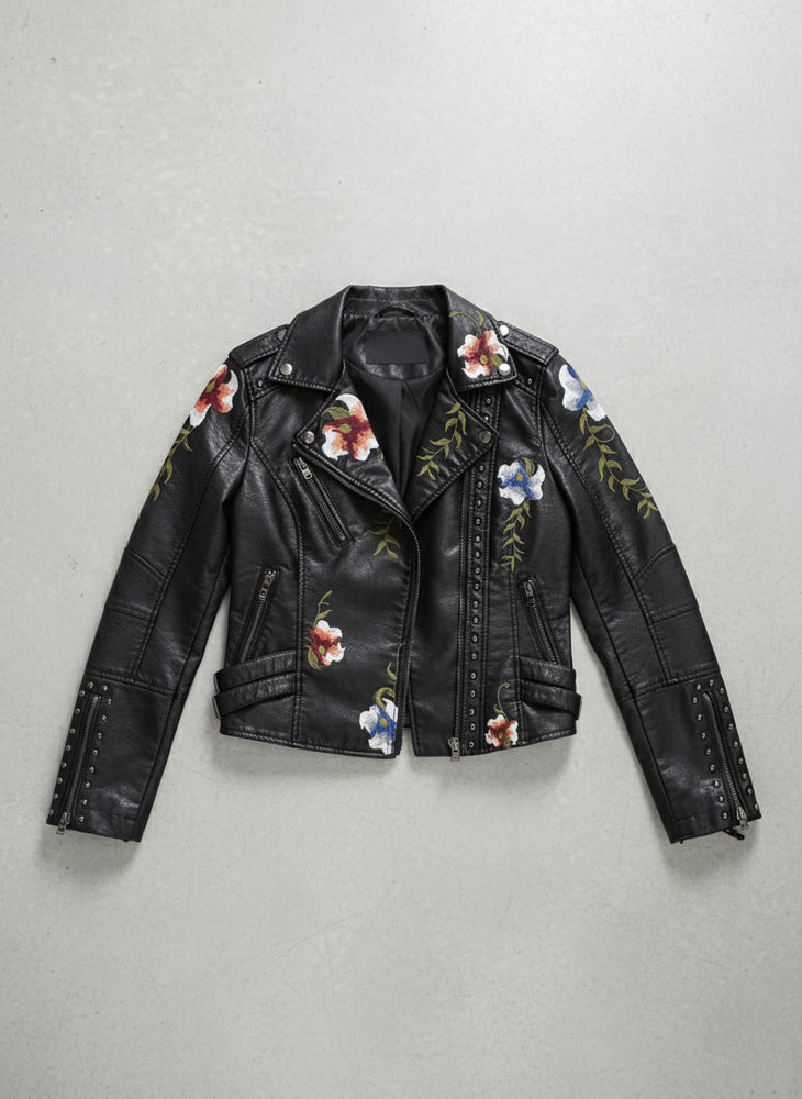 Damen Kunstleder Bikerjacke | Blumenstickerei | Herbst