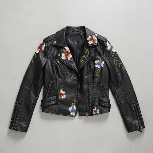 Damen Kunstleder Bikerjacke | Blumenstickerei | Herbst