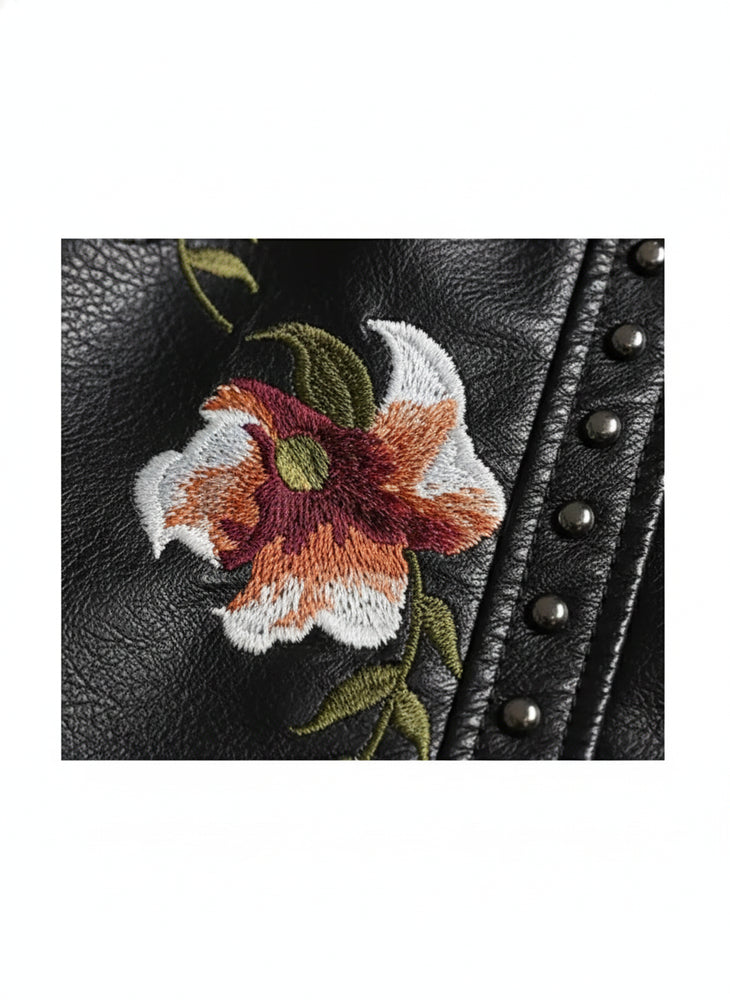 Damen Kunstleder Bikerjacke | Blumenstickerei | Herbst