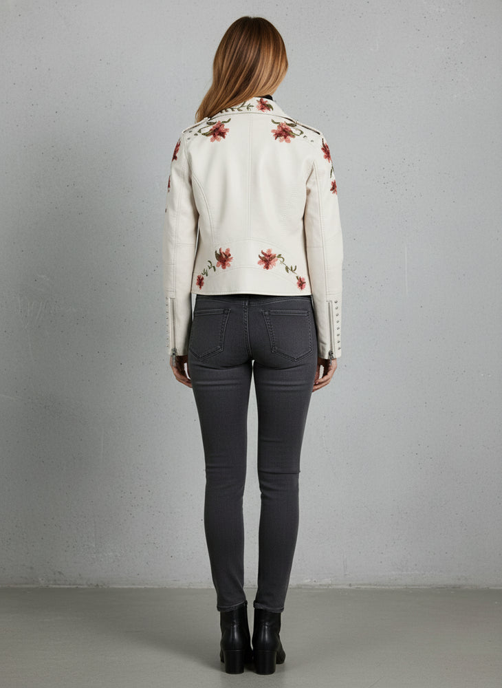 Damen Kunstleder Bikerjacke | Blumenstickerei | Herbst