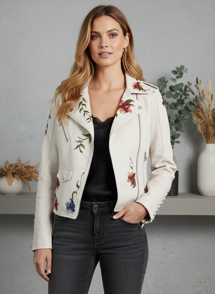 Damen Kunstleder Bikerjacke | Blumenstickerei | Herbst