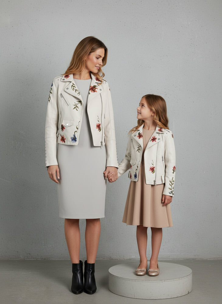 Damen Kunstleder Bikerjacke | Blumenstickerei | Herbst