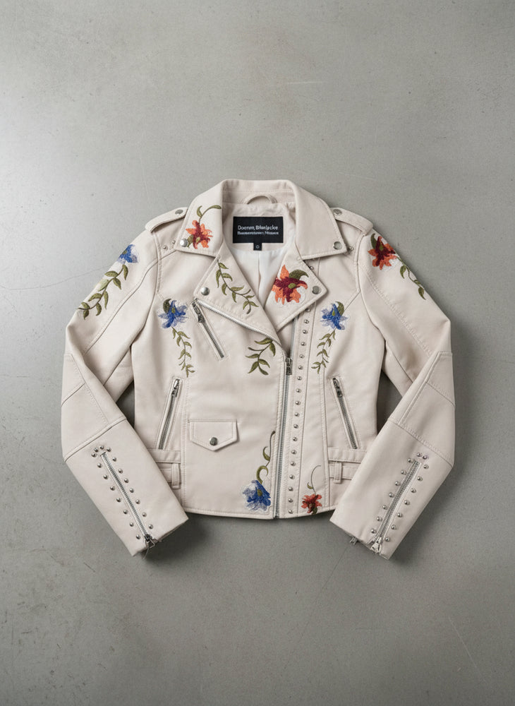 Damen Kunstleder Bikerjacke | Blumenstickerei | Herbst