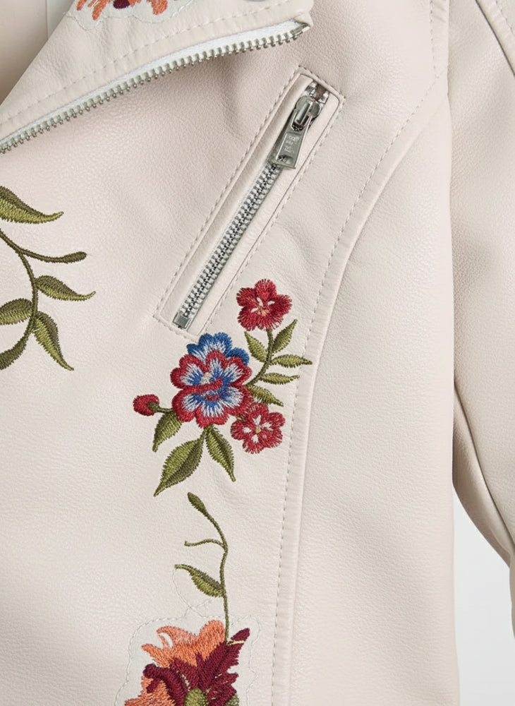 Damen Kunstleder Bikerjacke | Blumenstickerei | Herbst