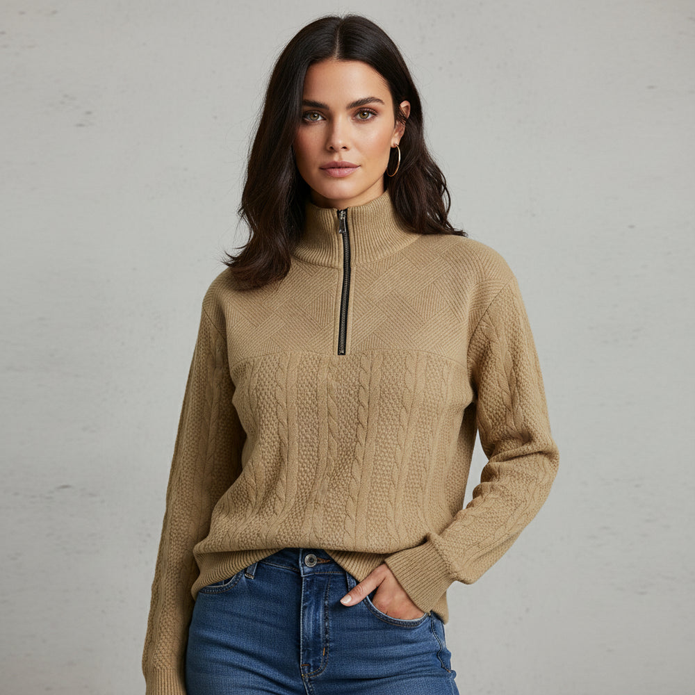 Damen Strickpullover | Stehkragen Reißverschluss | Herbst