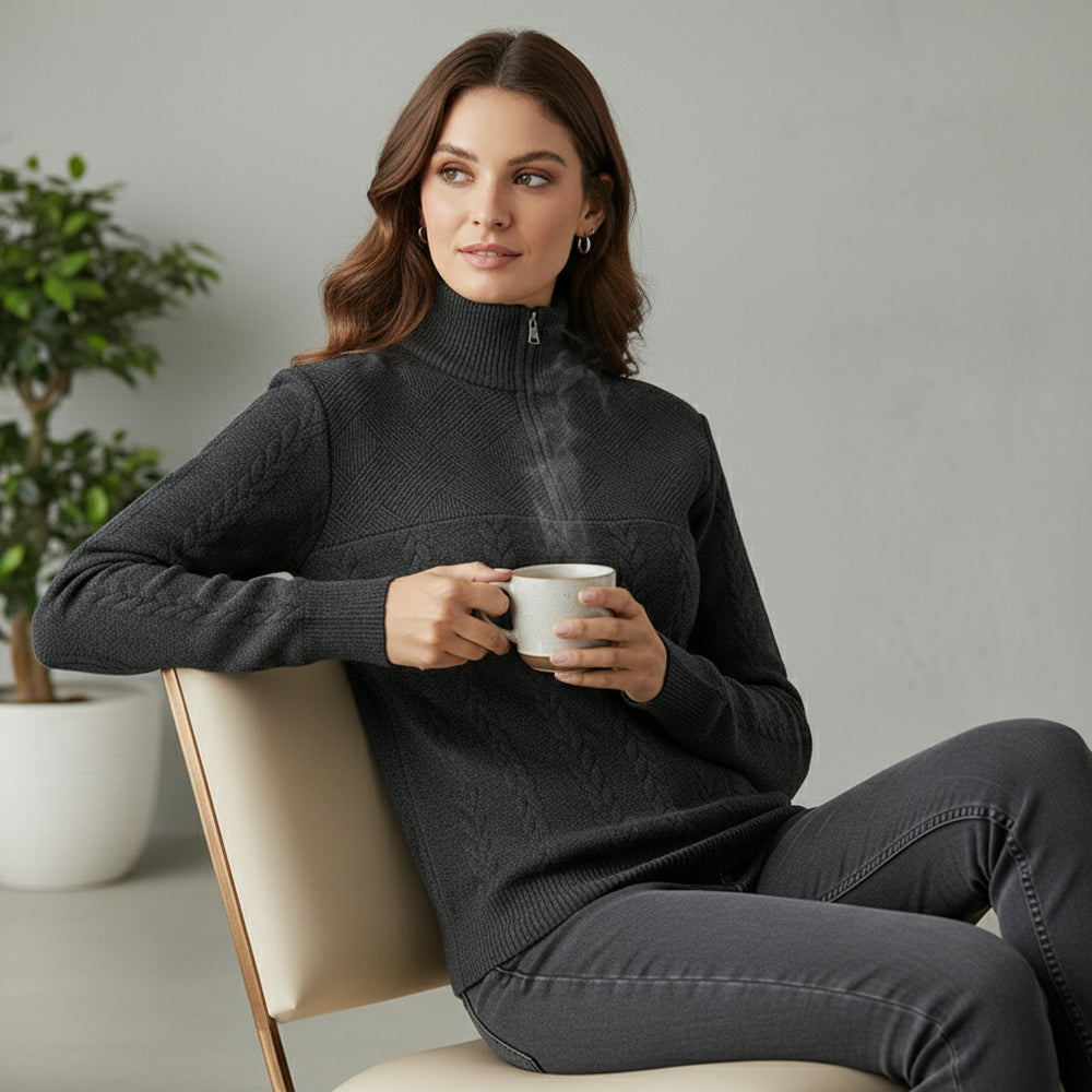 Damen Strickpullover | Stehkragen Reißverschluss | Herbst