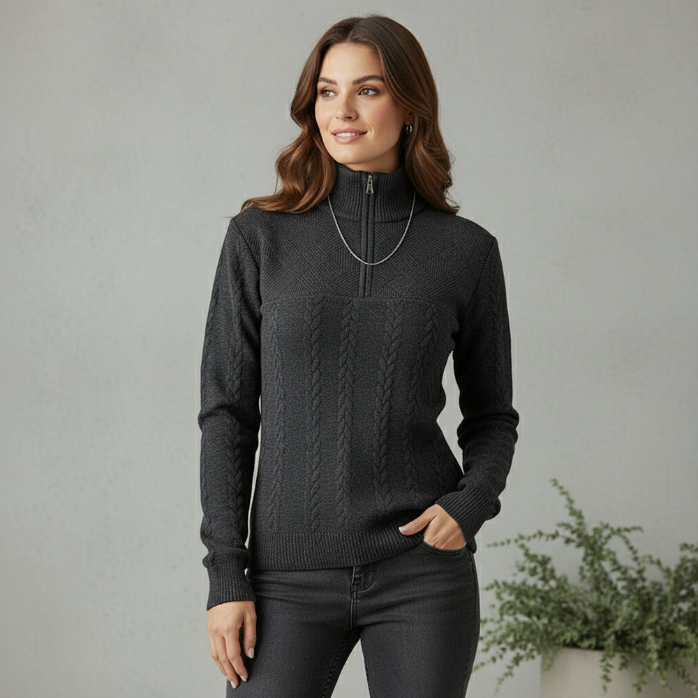Damen Strickpullover | Stehkragen Reißverschluss | Herbst