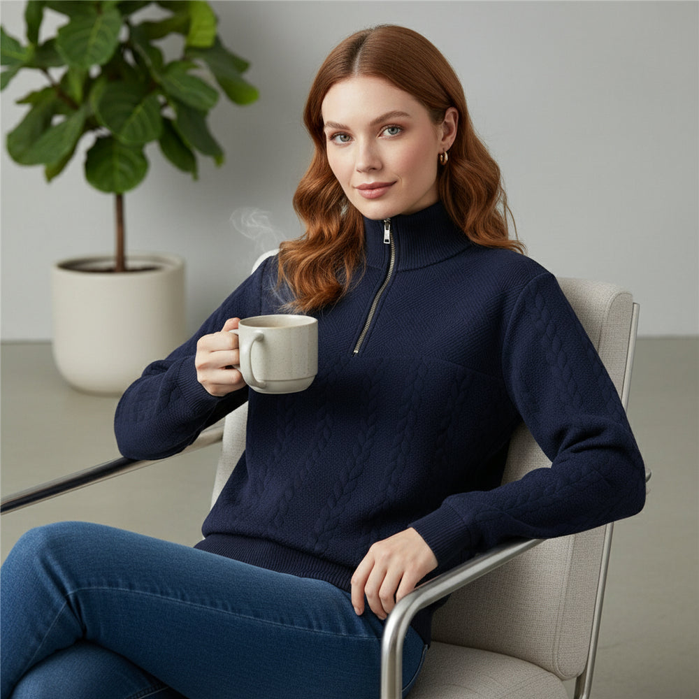 Damen Strickpullover | Stehkragen Reißverschluss | Herbst