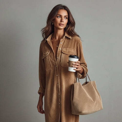 Elegantes Damen Cord Hemdblusenkleid | Winter