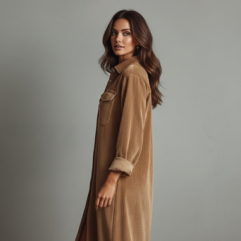 Elegantes Damen Cord Hemdblusenkleid | Winter