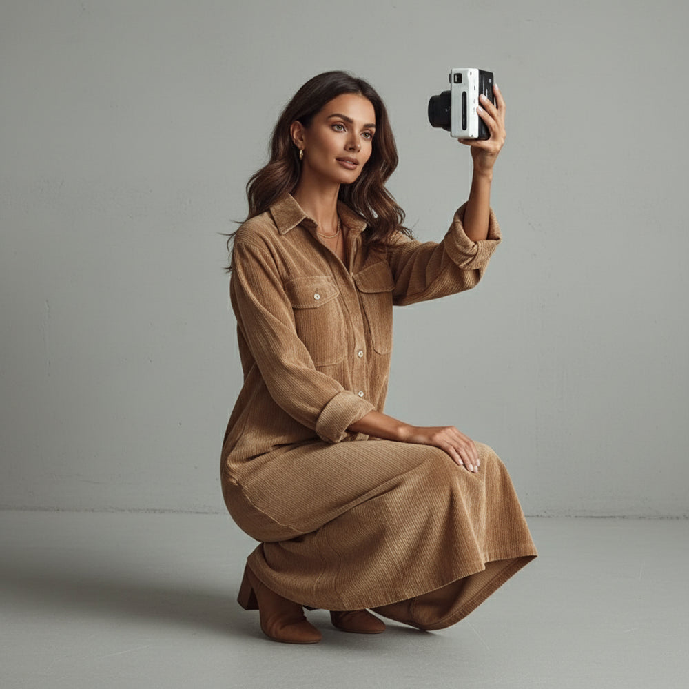 Elegantes Damen Cord Hemdblusenkleid | Winter