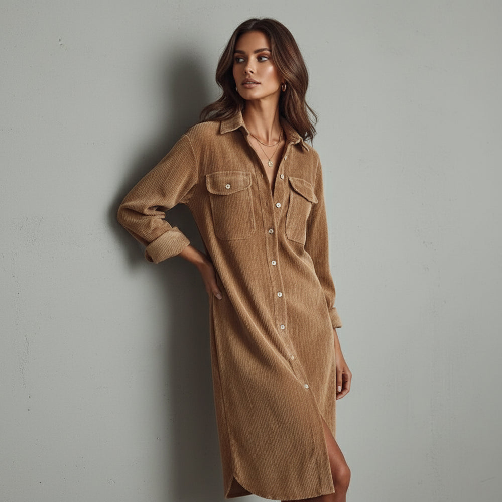 Elegantes Damen Cord Hemdblusenkleid | Winter