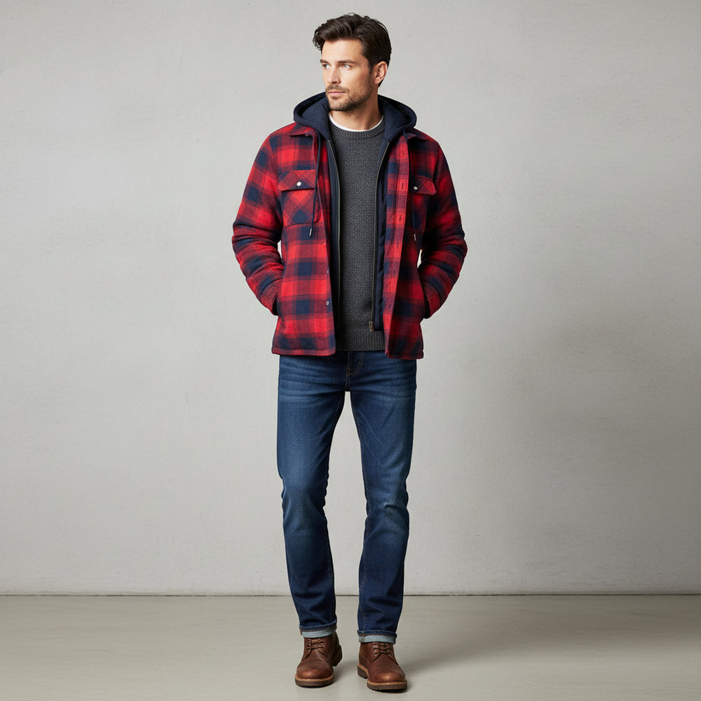 Herren Flanell Hemdjacke mit Kapuze | Kariert | Winter