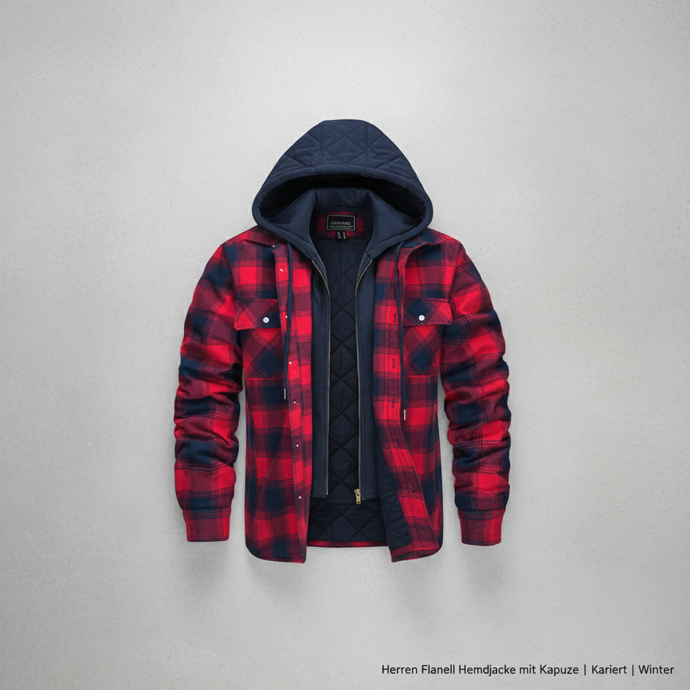 Herren Flanell Hemdjacke mit Kapuze | Kariert | Winter