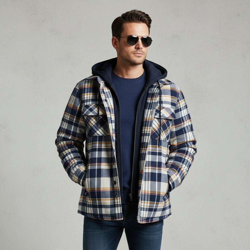 Herren Flanell Hemdjacke mit Kapuze | Kariert | Winter