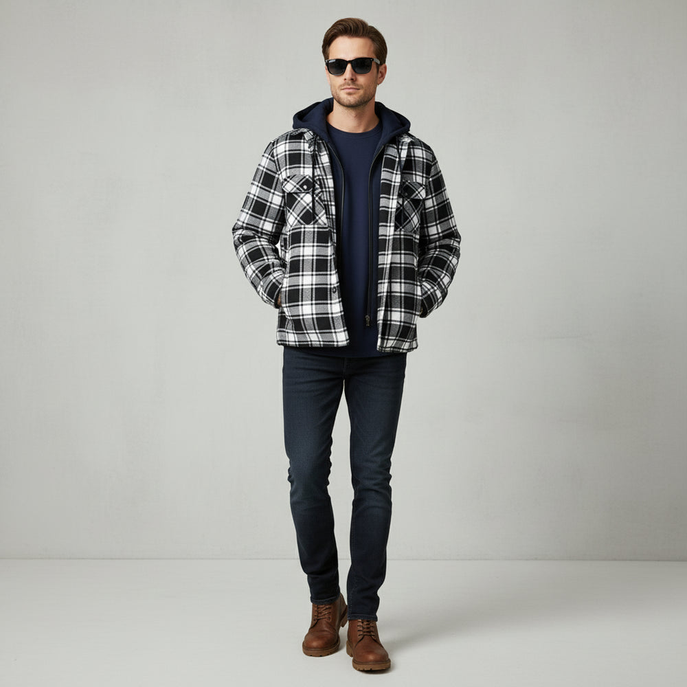 Herren Flanell Hemdjacke mit Kapuze | Kariert | Winter