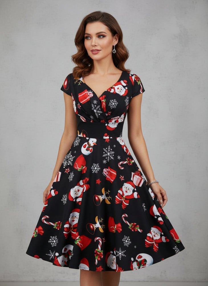Bedrucktes Damenkleid | Weihnachten | V-Ausschnitt