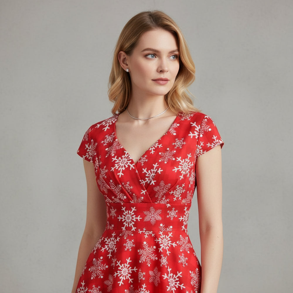 Bedrucktes Damenkleid | Weihnachten | V-Ausschnitt