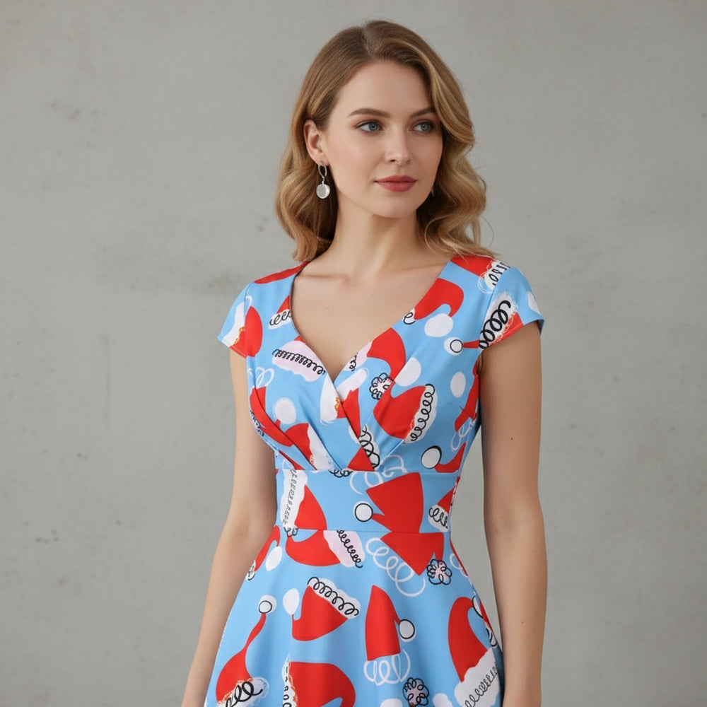 Bedrucktes Damenkleid | Weihnachten | V-Ausschnitt