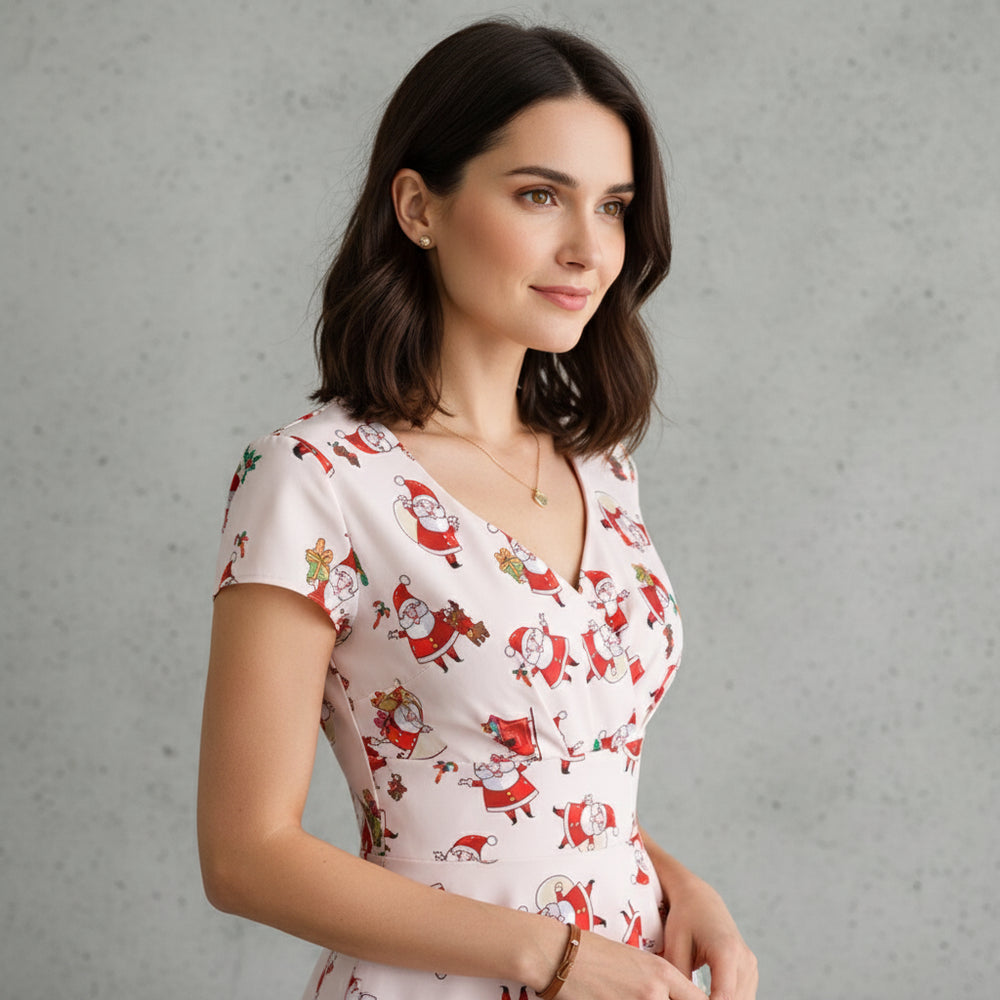 Bedrucktes Damenkleid | Weihnachten | V-Ausschnitt