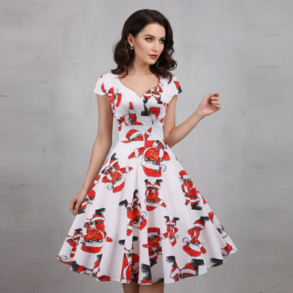 Bedrucktes Damenkleid | Weihnachten | V-Ausschnitt